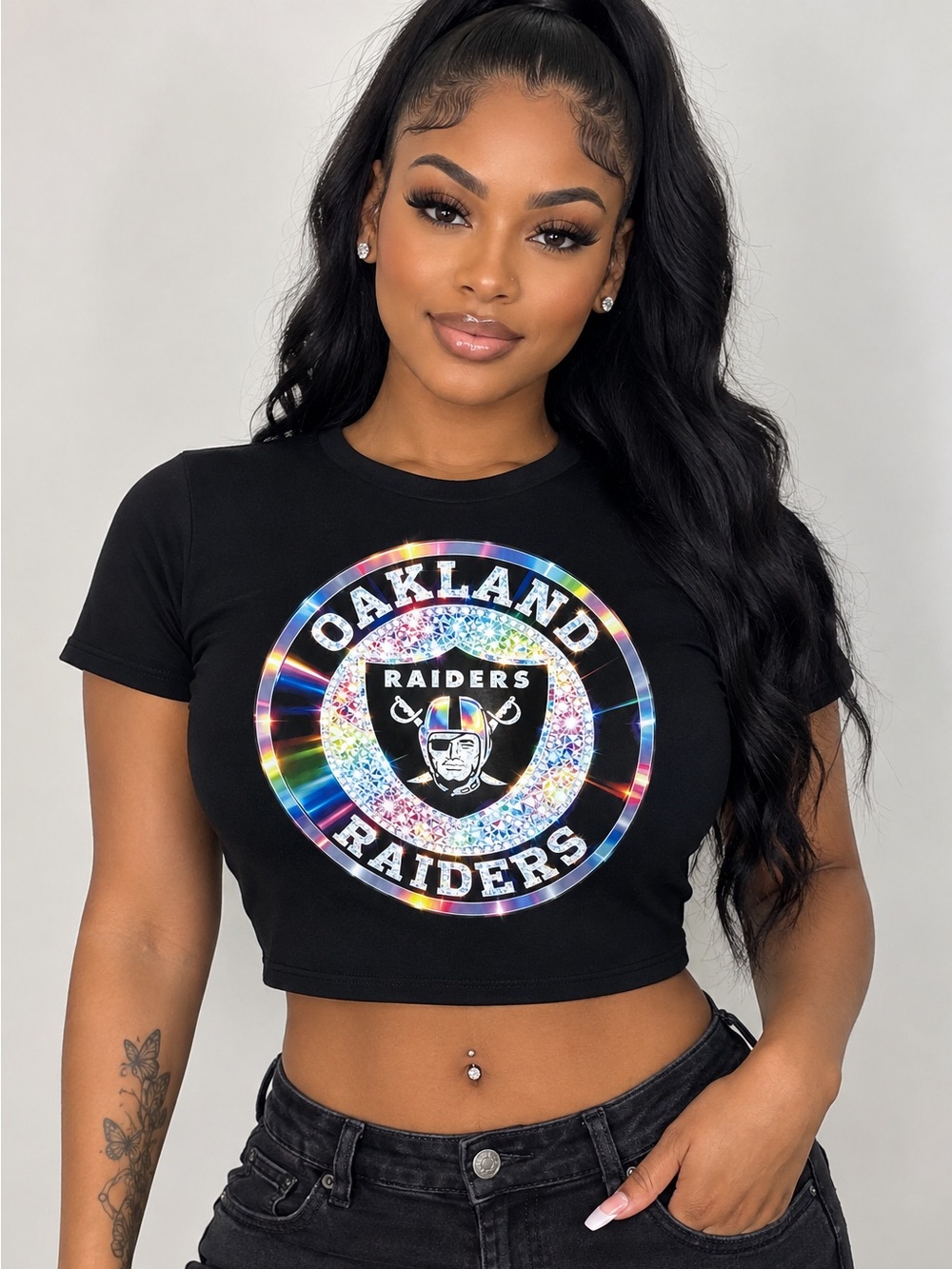 Oakland Raiders Black Holographic Crop Tee